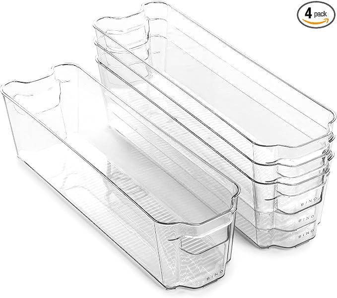 BINO | Stackable Storage Bins, Small - 4 Pack | The Stacker Collection | Clear Plastic Storage Bins | Organization and Storage Containers for Pantry & Fridge | Multi-Use Organizer Bins | BPA-Free