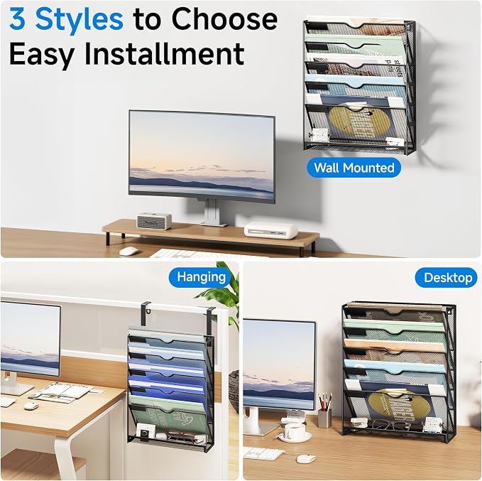 Lavatino 6-Tier Mesh Hanging Wall File Organizer with Hooks – No Installation Needed, Paper Mail Organizer Wall-Mounted File & Magazine folder Holder for Office and Home (Black)
