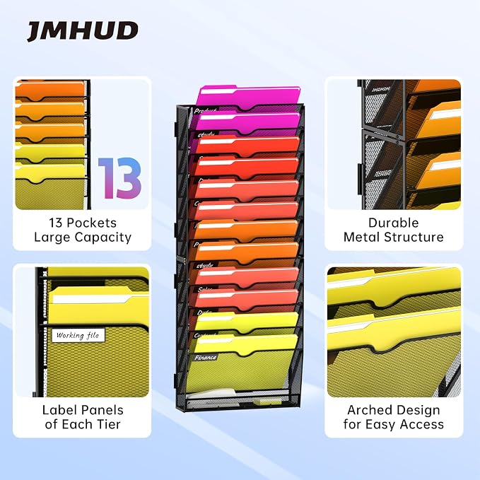 13-Tier Wall File Organizer with Base and Hooks, Hanging Organizer, Black | Wall Organizer and Wall File Holder with 13 Vertical Pockets and Bottom Tray for Files, Mail, Folders, Magazines and Paper