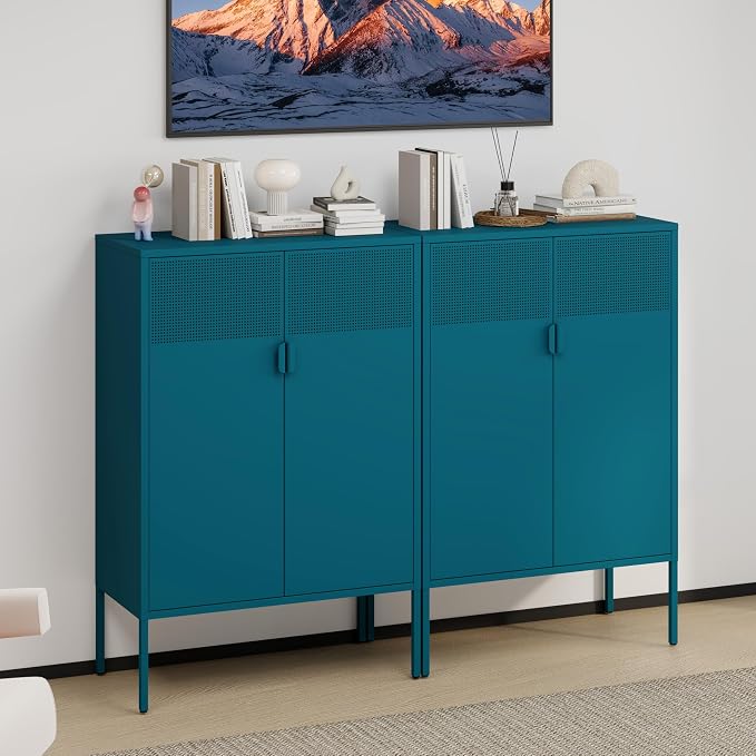 3-Tier Metal Storage Cabinet with 2 Adjustable Shelves & Mesh Doors | Metal Locker Accent Cabinet with Legs, Blue Storage Cabinets, Metal TV Stand Cabinet for Home Office, Entryway & Hallway