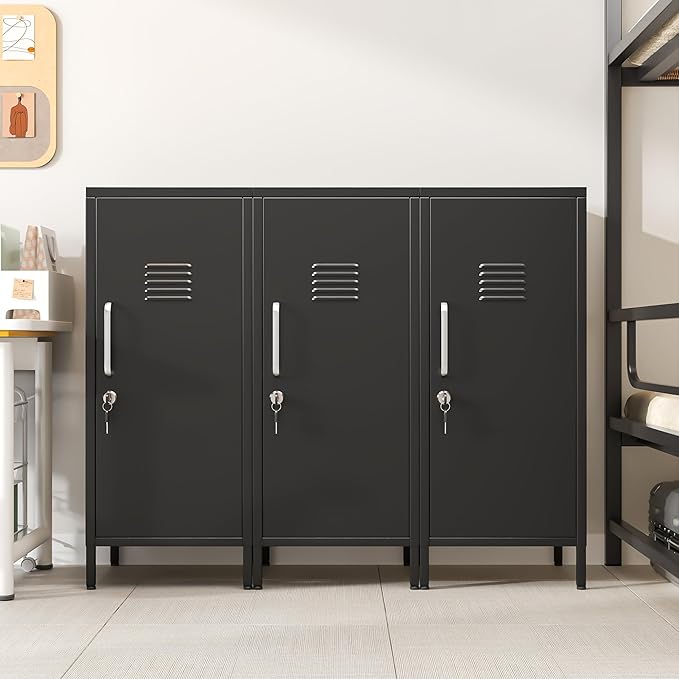 PAOFIN 35" Metal Storage Locker, Lockable Employees Metal Locker with Door and Adjustable Shelves, Steel Locker for Home, School, Office, Gym (Black)