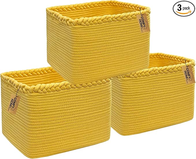 COMFY-HOMI 3PACK Cotton Rope Square Basket with Handles for Shelves| Storage|Baby Basket for GIF|Shoe Basket for Organizing|New13.5" x 11" x 9.5" for Living Room
