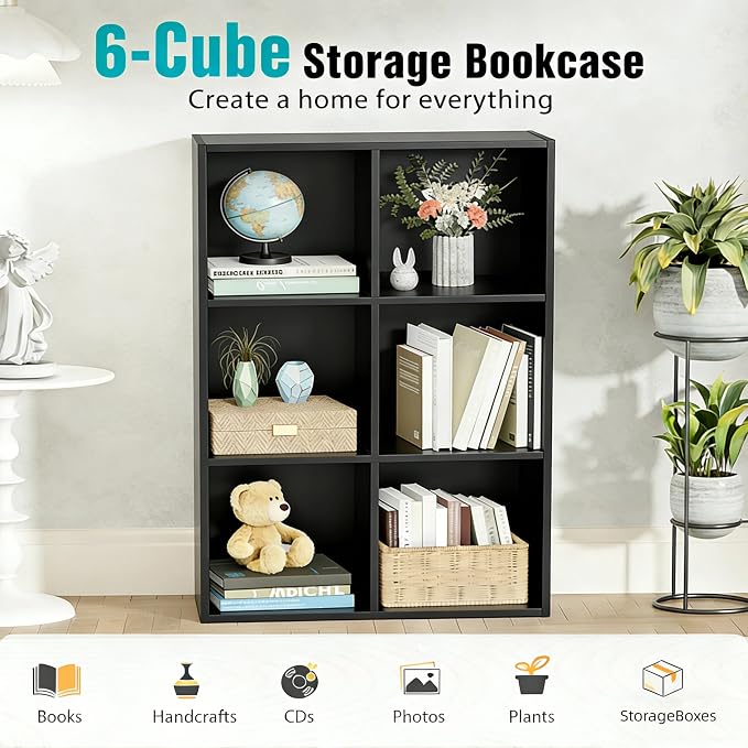 HealSmart 6 Cube Storage Organizer, 3 Tier Stackable Bookshelf, Open Cube Bookshelf with 3 Removable Back Panels, Suitable for Living Room, Bedroom, Home Office, 36" L X 11.6" W X 24" H, Black