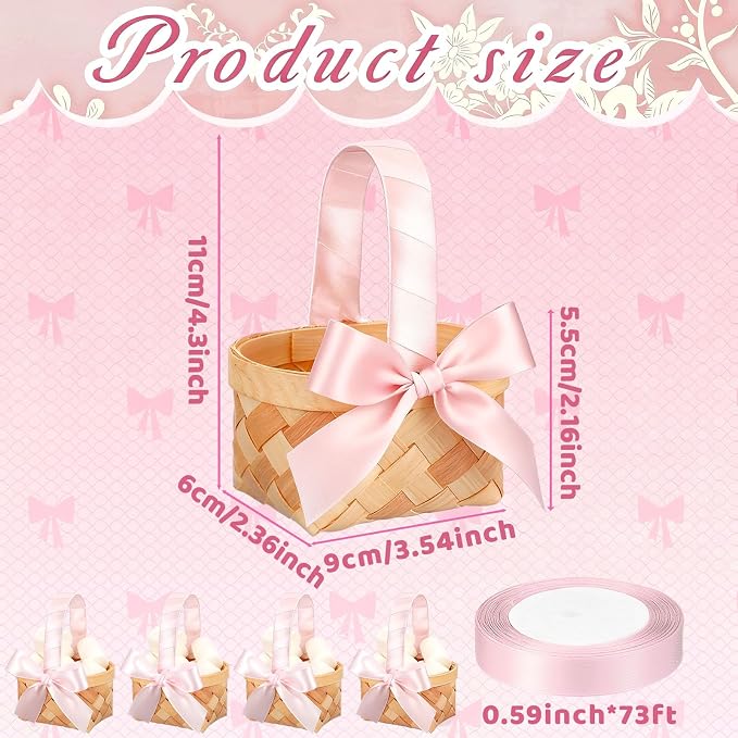 12 Pcs Mini Flower Girl Basket Mini Woven Baskets with Handles Wood Chip Flower Fruit Picnic Holder with Pink Ribbon Chip Bucket for Wedding Party Gifts Baby Shower Birthday Party Decoration