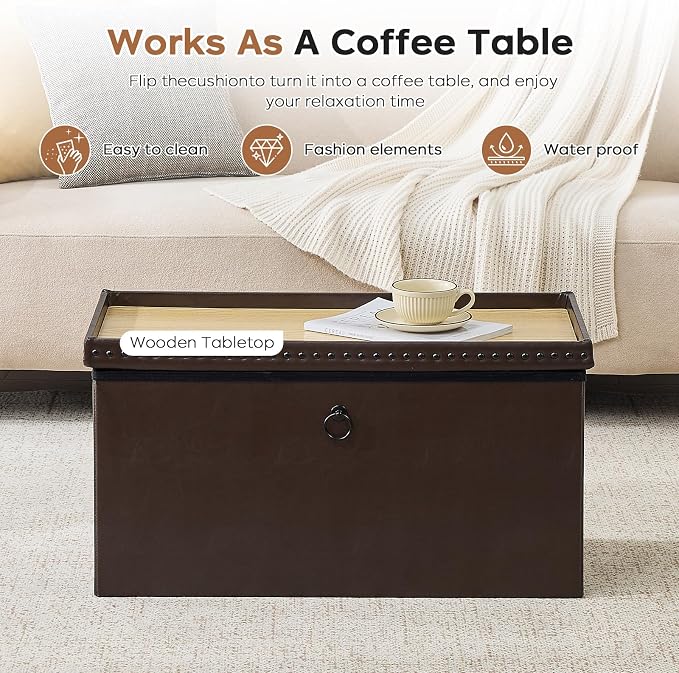 oakvivo 30 Inches Folding Storage Ottoman Bench, Ottoman PU Leather Tuffed End of Bed Bench, Foot Rest with Rivet Design, Ottoman with Storage for Living Room, Bedroom, Entryway, Coffee Brown