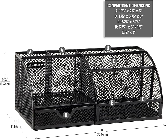 Mind Reader 7-Compartment Desktop Organizer, Metal Mesh Desk Organizer for Pens, Sticky Notes, Mail and Office Supplies, Black