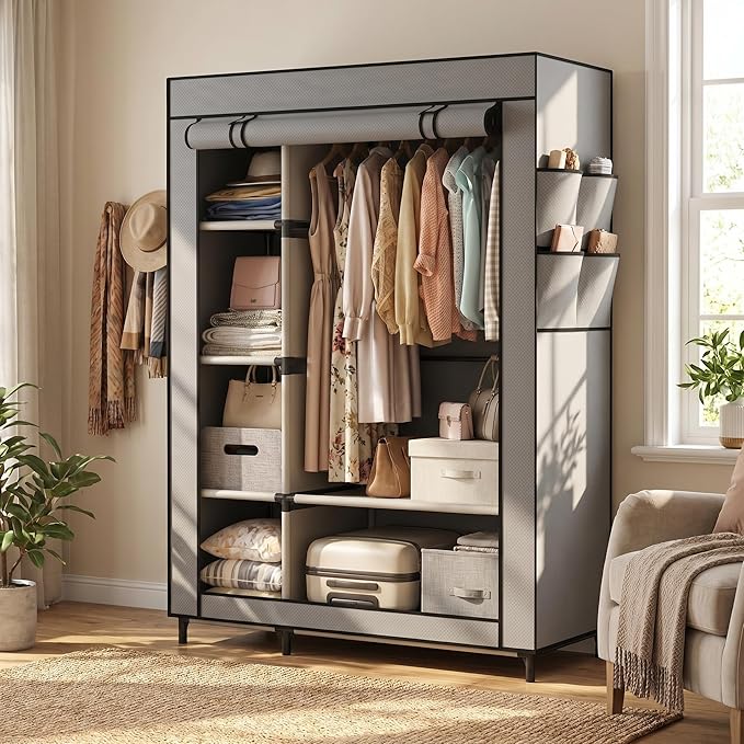 Calmootey Portable Closet Organizer, Space-Saving Storage System for Home | Sturdy Rod for Coats, 6 Shelves for Folded Clothes, 4 Side Pockets for Small Items, Non-Woven Dustproof Cover, Grey
