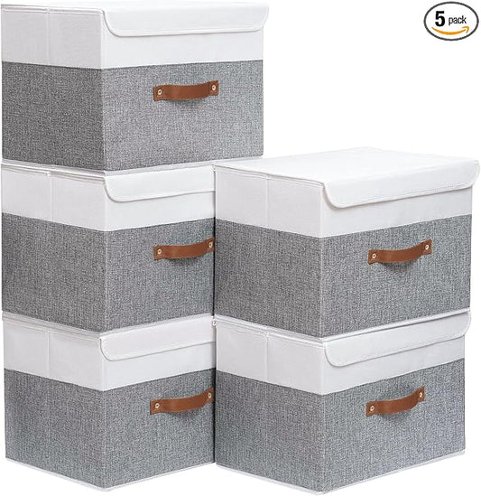 Yawinhe Fabric Storage Boxes with Lids,White/Grey,15.0x9.8x9.8in,5-Pack | Container with Leather Handle,Washable Storage Basket, Clothes Blanket Bin,Collapsible Closet Organizer for Bedroom