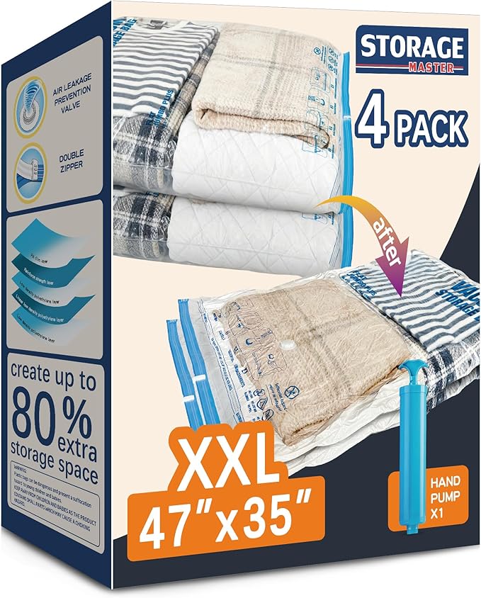 XXL Jumbo Vacuum Storage Bags, for Blanket, Bedding, Comforters | 47''X35'' Extra Large, Save 80% Space, Extra Thick, Clear, 4 pack