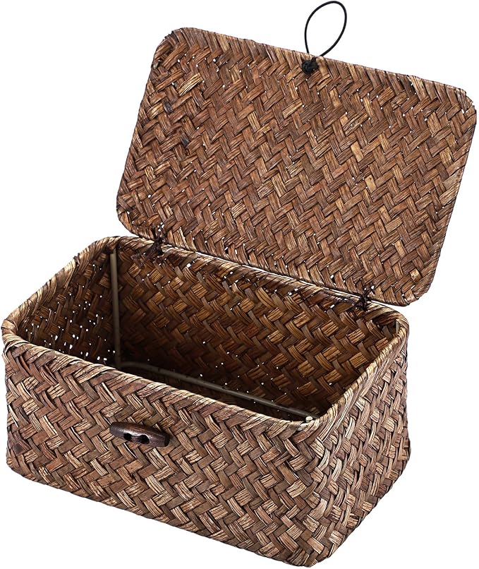 Hipiwe Handwoven Wicker Basket with Lid Small Desktop Seagrass Organizer | Decorative Basekt Boxes Bin for Remote Control Keys Candy, Coffee Color 7.0"L x 4.3"W x 3.3"H