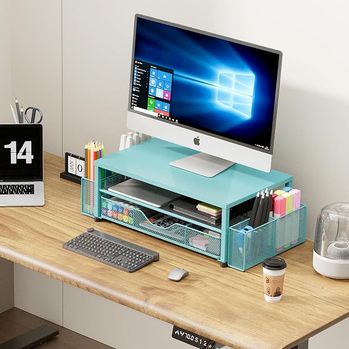 OPNICE Desk Organizer and Accessories, 2-Tier Computer Monitor Stand Riser with Drawer and 2 Pen Holders, Laptop Stand, Office Desk Accessories for Office Supplies, 1 Pack, Teal Blue