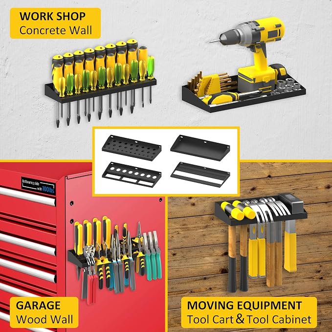 UNITEDPOWER Wall Mount Hand Tool Storage Set, Screwdriver Organizer, Pliers Holder, Hammer Rack, Metal Hardware Tray for Garage Workshop Workbench - 4 Pack