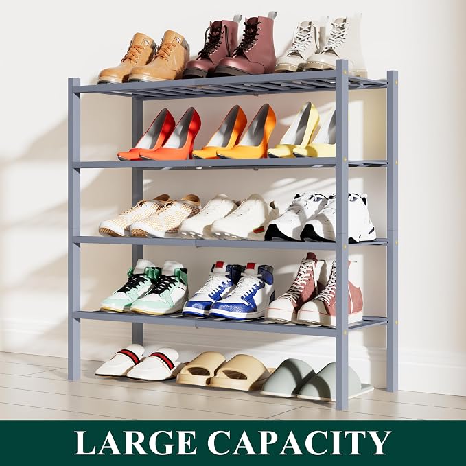 Smiry Bamboo Shoe Rack, 12 Vertical Slats, 4 Tier - 26.8" Wide, Grey | Stackable Free Standing Wooden Shoe Organizer, Wood Shoe Storage Shelf for Closet, Entryway