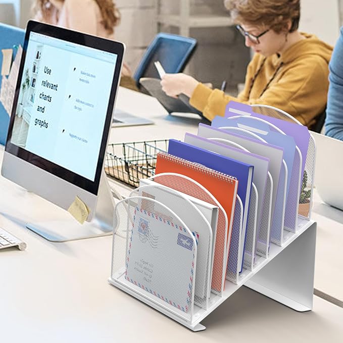 Inclined Desk File Organizer, 8-Section Upright Desk Organizer Standing File Sorter for Office Classroom Desktop Organization (White)