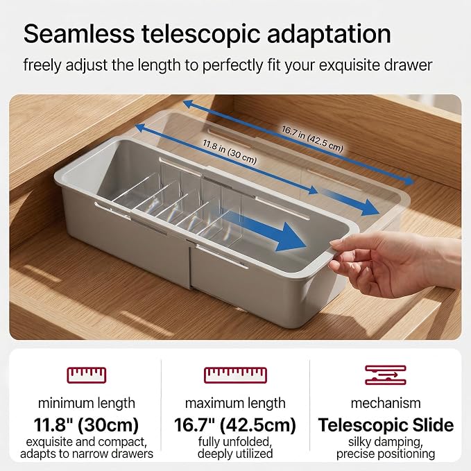 Li&Zhao Drawer Organizer- Adjustable Storage Bins with 5 Dividers, Gray Clear Drawer Organizer for Kitchen, Bedroom, and Office, Expandable clear organizer bins for Makeup, Utensils, and Gadgets