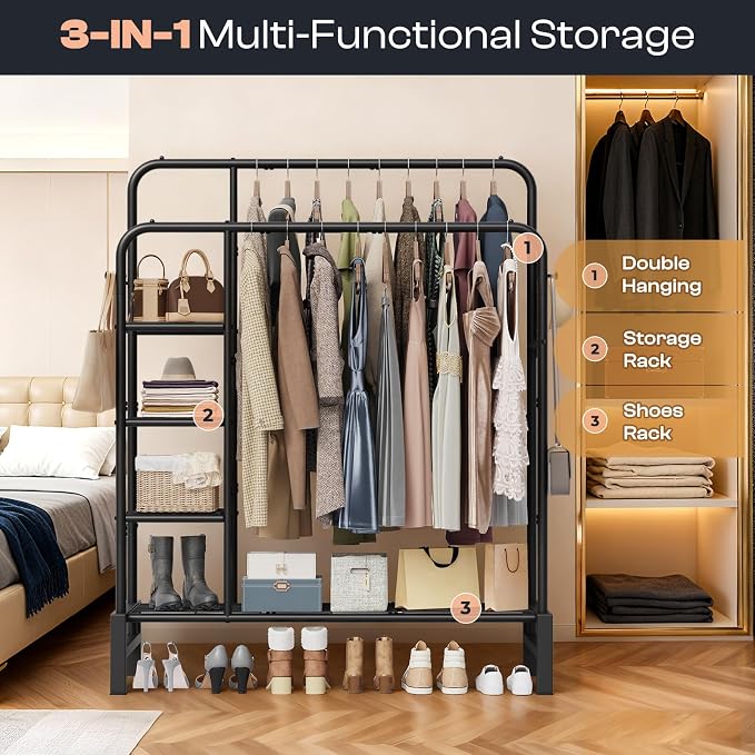 Clothes Rack for Hanging Clothes, Clothing Rack with shelves, Black | Double Clothing Rack with 3 Tier Storage Shelves, Multifunctional Heavy Duty Garment Rack for Bedroom Laundry Wardrobe Closet