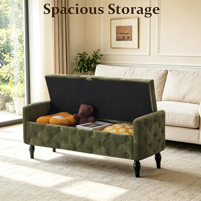 Royal Windsor 48" Ottoman with Storage,Tufted Storage Bench with Safety Hinge,Holds up to 350 lb,Black Wood Legs,Upholstered Bench with Arms for Bedroom,Living Room,Entryway,Linen Green