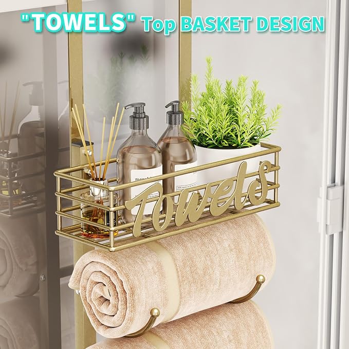 HapiRm Towel Racks for Bathroom Storage - 6 Tier Over The Door & Wall Mount Rolled Towel Storage Organizer Holder with Metal Shelf Basket for Small Bathroom, Camper, Rv - Gold, Patented