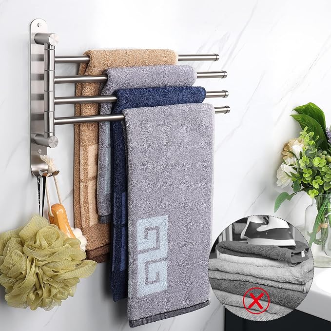 NearMoon Swivel Towel Rack, 13.8" Thicken 304 Stainless Steel 4-Arm Towel Bar, Space Saving Wall Mounted Towel Holder with Hook, Rustproof Swing Out Towel Hanger for Bathroom, Kitchen (Brushed Nickel)