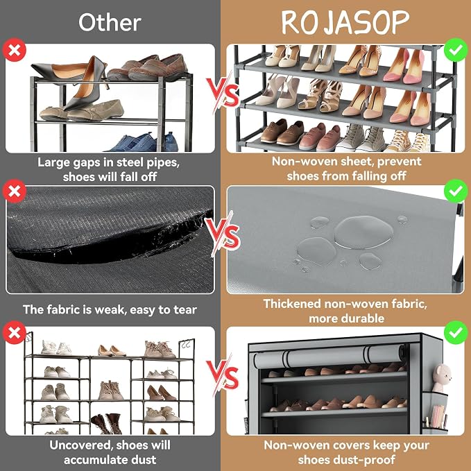 ROJASOP Shoe Rack with Covers, Stackable 10 Tier Tall Shoe Shelf Storage 50-55 Pairs Shoes and Boots Large Capacity Vertical Shoe Rack Organizer for Closet Entryway Garage Bedroom, Grey