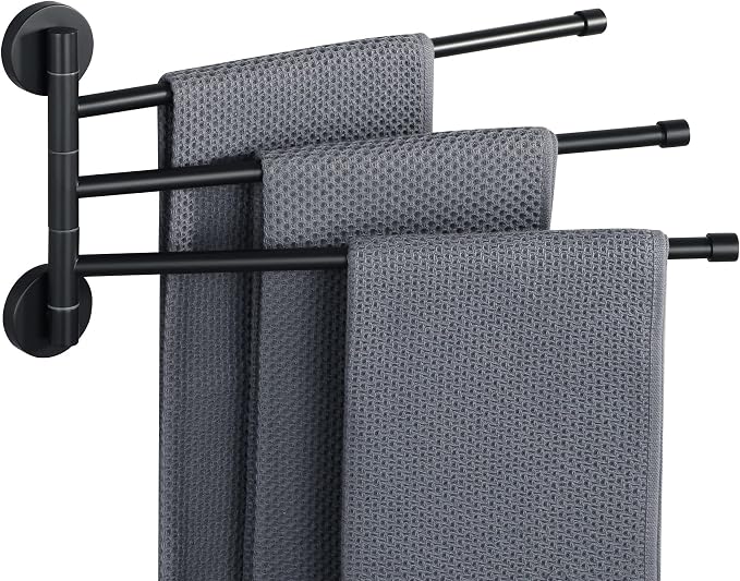 Alise 3 Arm Swivel Towel Rack, Matte Black Swivel Out Towel Bar, 13.9 Inch | Space Saving Swing Arm Towel Rack for Bathroom Kitchen Outdoor, 180° Rotating, SUS304 Stainless Steel