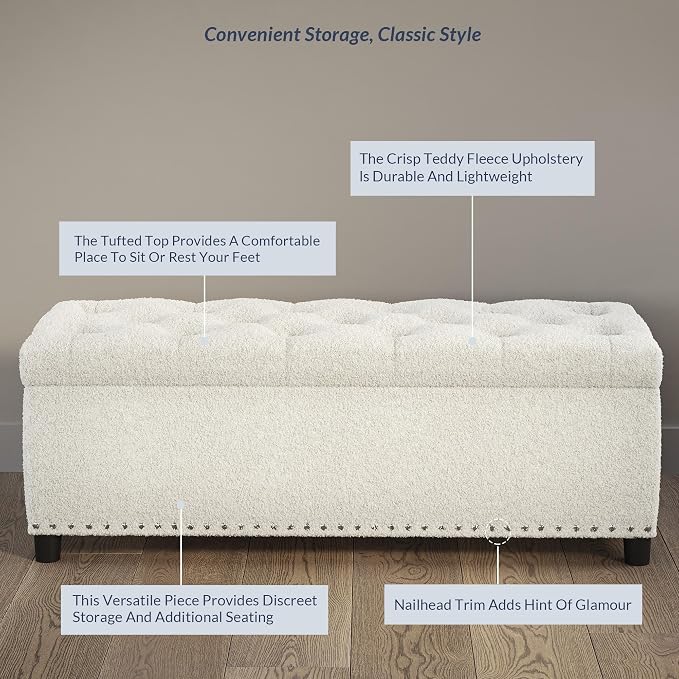 BELLEZE Storage Ottoman, Tufted Ottoman with Close Hinge, Foot Rest for Living Room (White, 47 inch)