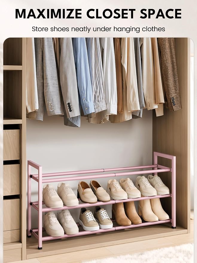 Bumusty 3 Tier Expandable Shoe Rack for Closet, Pink | 18"-33" Adjustable Shoe Rack for Entryway, Small Shoe Organizer for Dorm, Front Door, Sturdy Metal