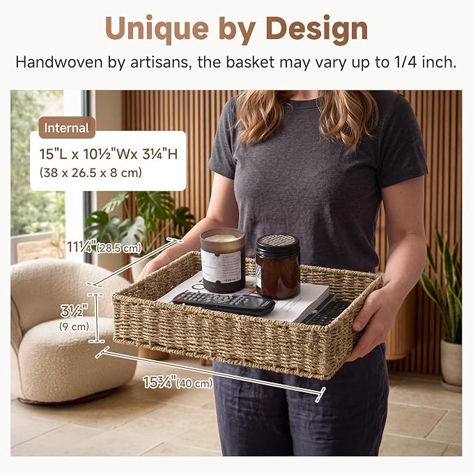 StorageWorks Large Seagrass Tray for Bathroom, Seagrass Storage Baskets for Shelves, Handwoven Natural Wicker Baskets for Organizing, 2-Pack | Handwoven Seagrass Trays for Decor & Organizing, Shallow Rectangle Wicker Tray for Coffee Table, Living Room,...