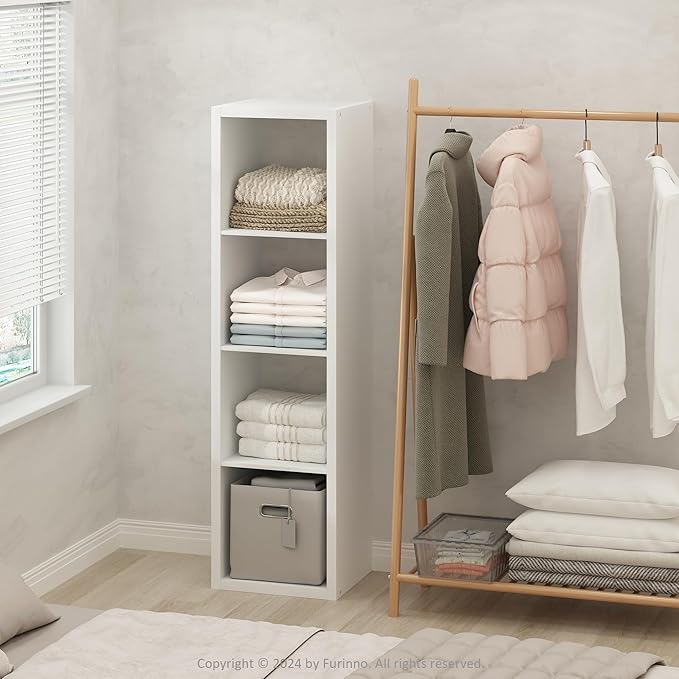Furinno Cubic Extra Thick 4-Cube Closet Organizers and Storage, White | 14.6 x 16 x 58 in, Vertical Open Shelf Closet Storage, Closet Organizer, for Wardrobe, Bedroom, Living Room