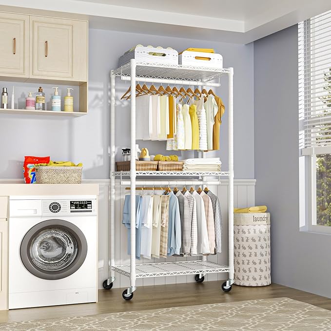 FUTASSI P1 Medium Heavy-Duty Portable Closet, 30" W x 14" D x 76" H, White | Metal Rolling Clothing Rack, Closet System with Wheels and Shelves for Hanging Clothes, Portable Wardrobe Organizer Storage