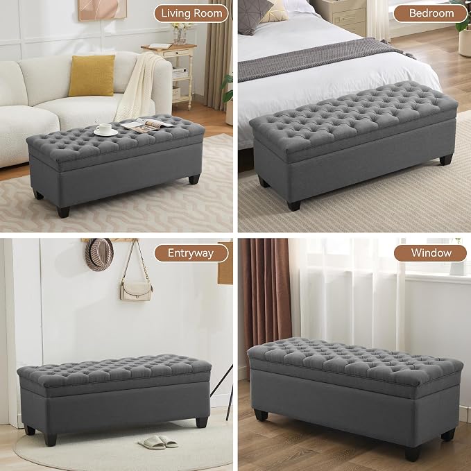 WUTUTUEE 51" Fabric Storage Ottoman Bench, Upholstered Rectangle End of Bed Storage Ottoman Tufted Living Room Bedroom Bench with Safety Hinge, Solid Wood Legs, Loads 500 lb(Dark Grey)