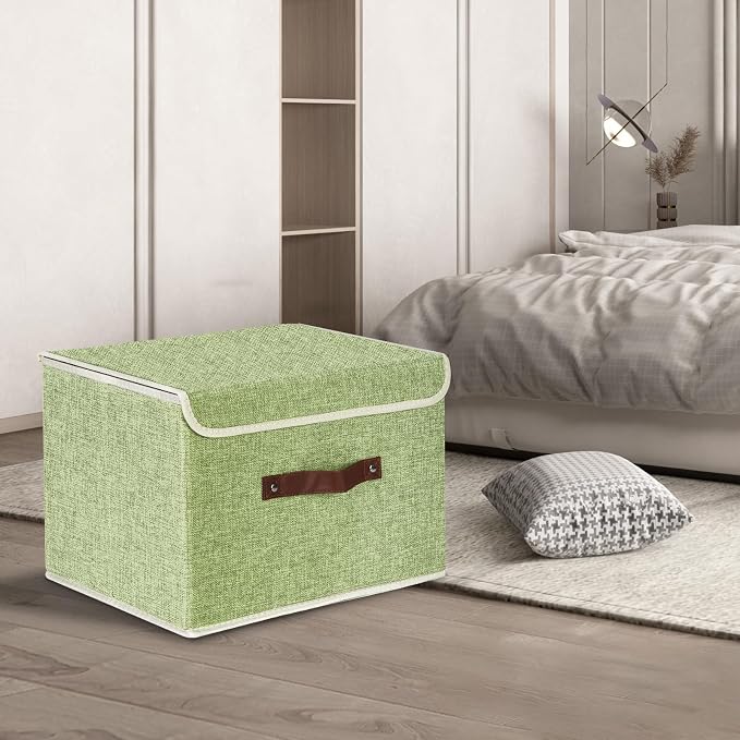TYEERS Collapsible Storage Boxes, Washable Fabric Storage Bins with Lids, 14.9x9.8x9.8 inches, 3 Pack, Green