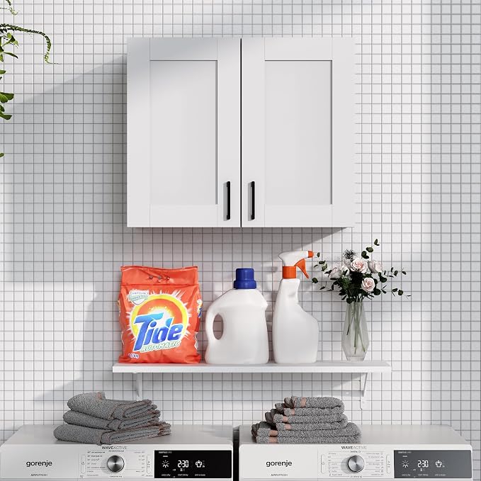White Laundry Room Cabinets and Storage with 2 Doors and Utility Adjustable Shelf，Gabinetes Para Cocina Cupboard Kitchen Organizers and Storage Pantry Wall Mounted 12.4"D x 23.6"W x 19.7"H