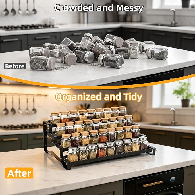 Spice Rack Organizer for Cabinet, 13-21.5" Expandable Spicy Shelf | 11.6" Wide 4-Tier Black Metal Seasoning Organizer, Kitchen Spice Organization, Slip-Resistant Guardrails for Jars and Cans