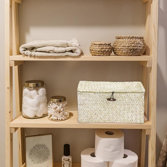 Hipiwe Seagrass Storage Basket Bins with Lid Handwoven Wicker Shelf Baskets | Rectangular Basket Household Organizer Boxes for Shelf Closet Bedroom Home Decor, Whitewash Medium