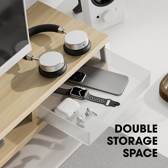 Fenge Dual Monitor Stand Riser, 42.5in Desk Shelf with 2 Drawers, Oak | 2-Tier Monitor Shelf for Desk, Storage Drawer with Stopper, Frosted, fit Home Office, Ultrawide Screen, PC, Laptop, TV