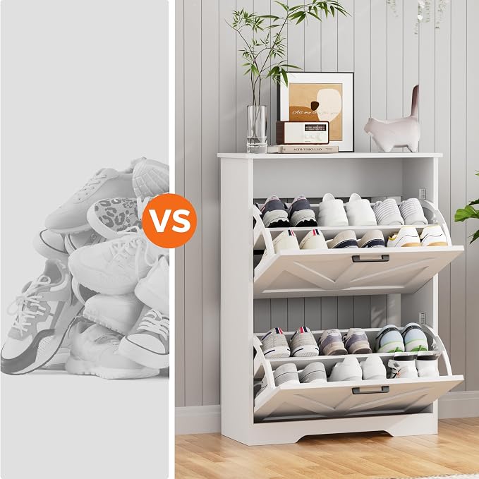 Homleke Farmhouse Shoe Cabinet for Entryway, 2 Barn-Style Flip Drawers | Narrow Shoe Storage Organizer, Top Display Shelf, Adjustable Shelves, Shoe Rack, for Hallway Closet, 24" Wide, White
