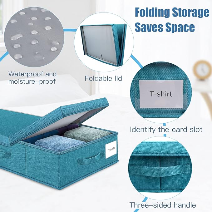 Supowin 2Pack Large Underbed Storage Containers Bin with Lids, Cyan Blue | 6 Inches Tall Under Bed Storage Organizer Box with Handles, Foldable Closet Organizer for Clothes, Blankets, Seasonal Items