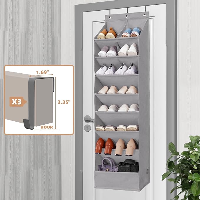 STORAGE MANIAC Over the Door Shoe Organizer Heavy-Duty Large Deep Pocket Hanging Shoe Organizer Shoe Rack Door Closet Shoe Organizer for Wall, Dorm & Narrow Door Storage Shoe Holder Grey, 2 Pack