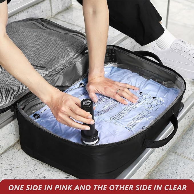 Travel Vacuum Bags for Clothing with Rechargeable Pump 18 Combo, Pink | Compression Packing Cubes Organizer Storage for Luggage Suitcase, Space Saver Seal Bags for Vacation Cruise