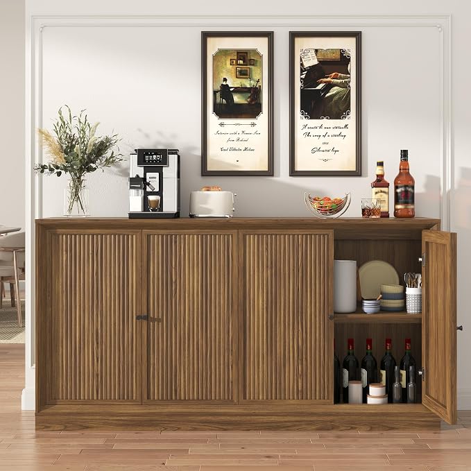Hlivelood 63” Fluted Sideboard Buffet Cabinet with Storage, Mid Century Modern Wooden Credenza with 4 Doors & Adjustable Shelves, Beveled Edge Storage Cabinet for Kitchen, Living Room (Walnut)