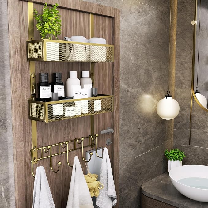 Consumest Over The Door Hooks Organizer - 3 Tier Door Hanger with 9 Coat Hooks & 2 Mesh Basket, Back Storage Organizer Hanging Towels for Bathroom, Bedroom, Gold