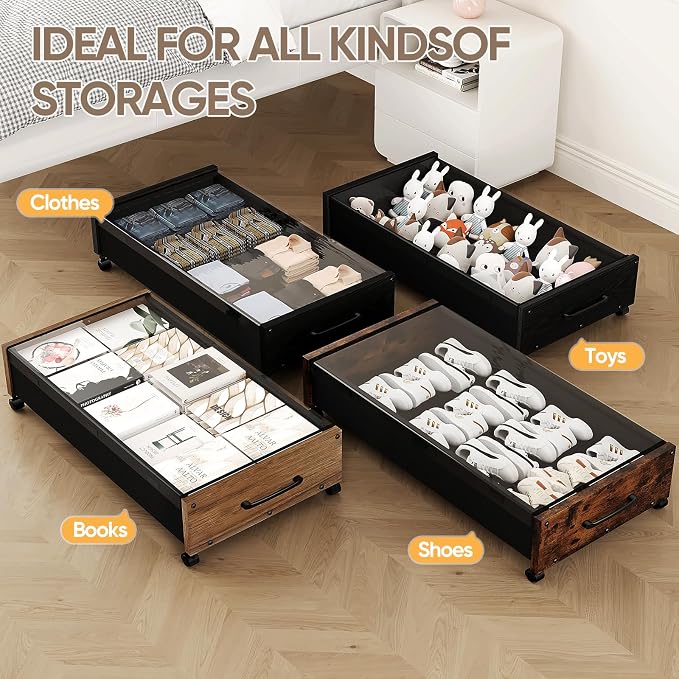 KITHELP Wooden Under Bed Storage with Wheels, Rolling Under the Bed Storage Bins with Removable Lid, Metal Under Bed Drawers for Clothes and Shoes in Bedroom or Living Room(Walnut Brown-1pack)