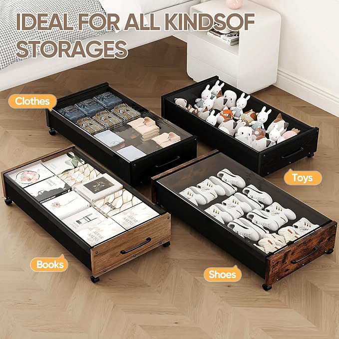 KITHELP Wooden Under Bed Storage with Wheels, 80L Extra-large Rolling Under the Bed Storage Bins 2 Pack with Removable Lid, Upgrade Metal Under Bed Drawers for Clothes Shoes Blankets in Bedroom