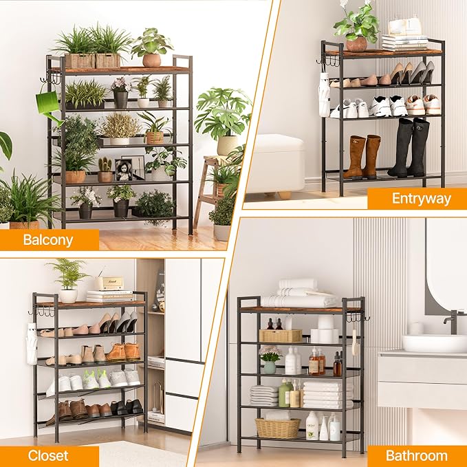 4 Tier Shoe Rack, Shoe Rack for Entryway with Hook, Shoe Organizer with Adjustable Mesh Shelves, Metal Shoe Storage, Closet, Bedroom Living Room Garage