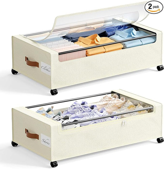 Yecaye 82 L Under Bed Storage with Wheels, 9.4 in Under Bed Storage Containers, Large Under Bed Shoe Storage with Lids, Rolling Underbed Storage bins for Clothes, Blankets, Beige