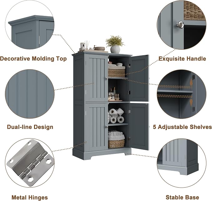 ChooChoo Bathroom Floor Cabinet with Adjustable Shelves | Bathroom Storage Cabinet, 4 Doors, Freestanding Cupboard for Living Room, Grey