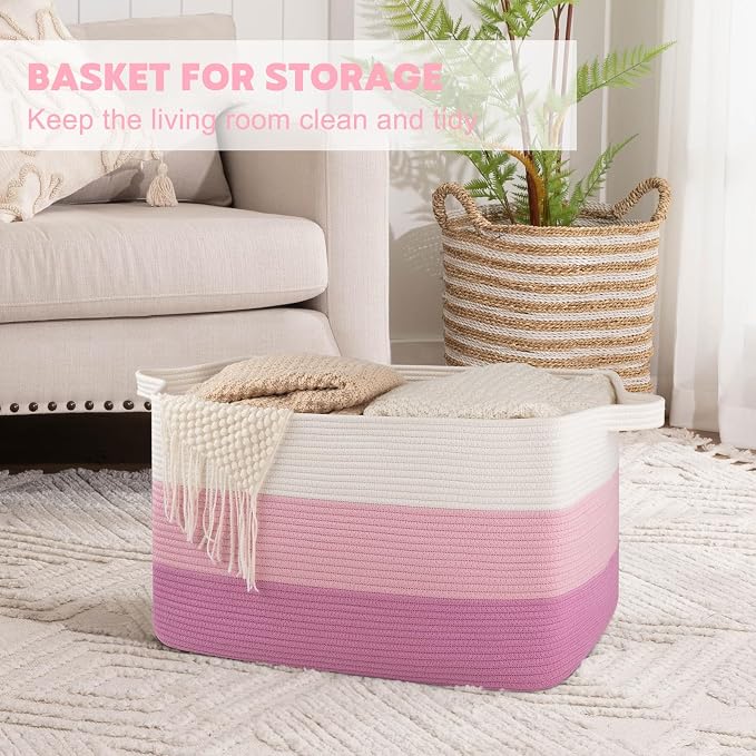OIAHOMY Extra Large Blanket Basket, 95L Cotton Rope Woven Laundry Basket, Toy Bin for Baby Room, Container for Blanket Storage in Living Room, 24''×17''×14'', Gradient Pink