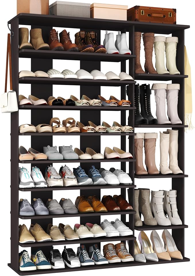 HOMEFORT 10 Tiers Shoe Rack, 50 Pairs Large Shoe Shelf, 61.8" Tall Shoe Tower, Freestanding Shoe Rack Organizer with Open Shelves, Wood Shoe Stand for Boot Storage, for Closet, Entryway, Espresso