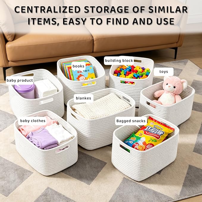 4 Pack Large Storage Baskets for Organizing, 16''Lx12''Wx8''H Woven Baskets for Storage Toys, Towels, Books, and Clothes, Cotton Rope Basket for Shelves with Handle